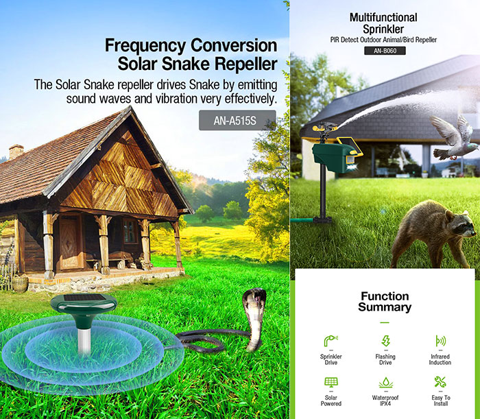Aosion's ultrasonic snake repeller repels snakes using ultrasound and vibration.