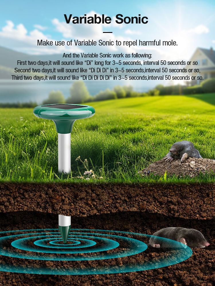 Solar Powered Pest Repellent use of Variable Sonic to repel harmful mole